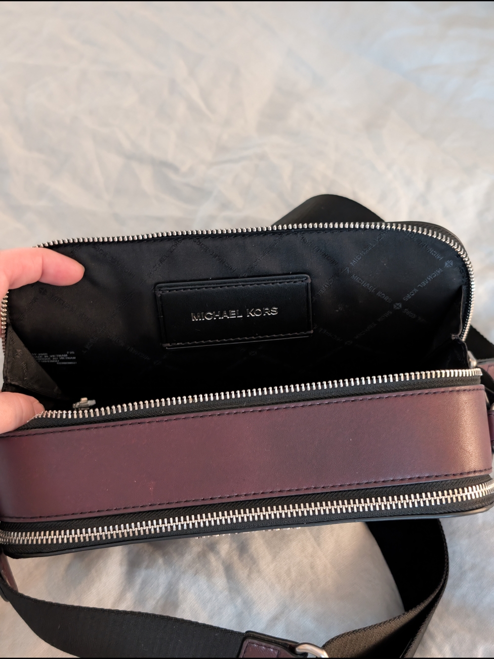 Michael Kors Men's MK Raised Logo Burgandy Burnished Leather Crossbody Bag - Picture 7 of 14